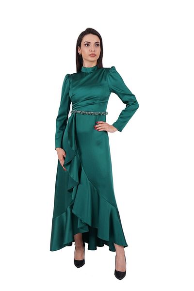 SpringStore Rochie de seara din satin brodata cu pietre in talie verde