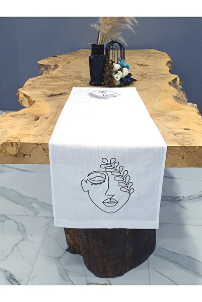 Tanem Home مفرش طاولة من الكتان المستورد بنمط توضيحي للوجه مقاس 40 × 140 سم باللون الأبيض