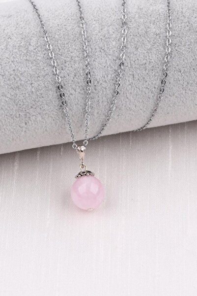 Vintage Atelier Doğal Taş Pembe Kuvars Kolye