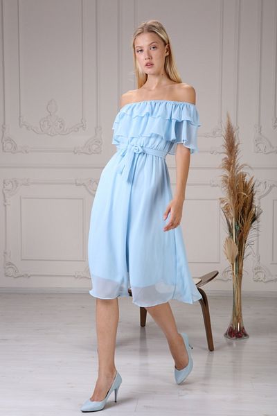 Azra Style Rochie de damă din șifon albastru baby cu guler Carmen cu curea