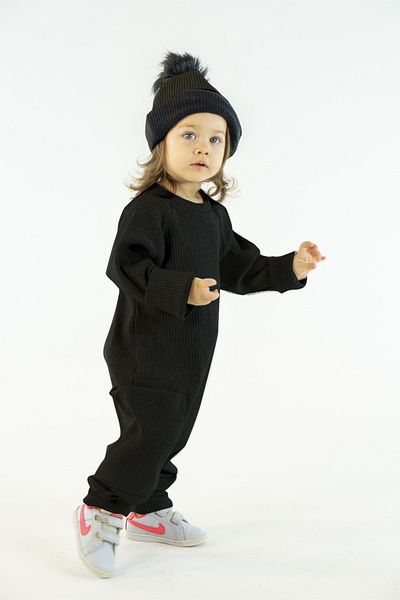 Catz Kids Black Ribbed Combed Cotton Jumpsuit + Beret