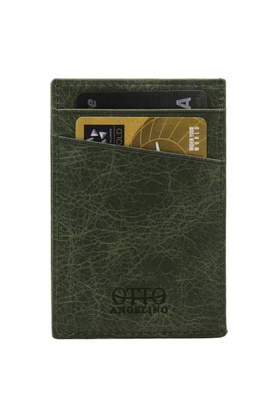 OttoAngelino Suport pentru carduri unisex, verde, din piele naturală, cu protecție RFID, cu design subțire