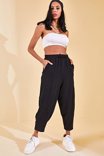 XHAN Γυναικείο μαύρο ελαστικό παντελόνι στη μέση 2YZK5-12595-02