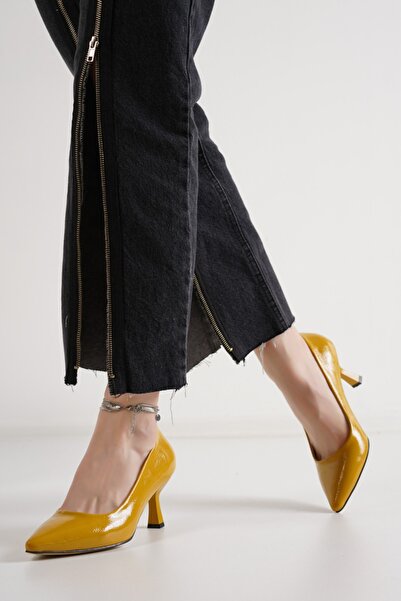 MASSOLE Stiletto Muștar Piele Lacuită Sezon nou Zilnic Elegant Artizanat Prod...