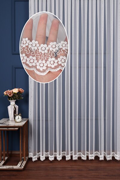 UTKUM EV TEKSTİL ÜRÜNLERİ Grek Etek Nakış Işlemeli Papatya Desen Tül Perde 1/...