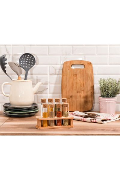 Çelik Express Arıele 8-Piece Glass Spice Tube Set - Tube Spice Rack with Wooden Shelf