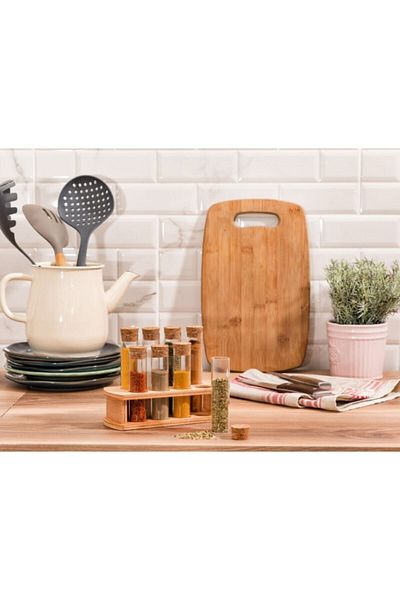 Çelik Express Arıele 8-Piece Glass Spice Tube Set - Tube Spice Rack with Wooden Shelf