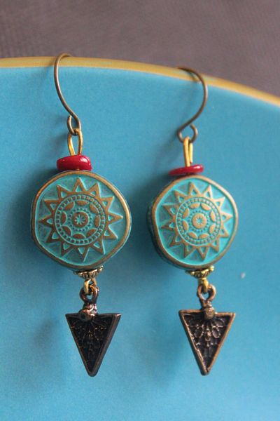 delay art Bohemian Turquoise Ethnic Earrings - Long Dangle, Women's Handmade Bijouterie Jewelry