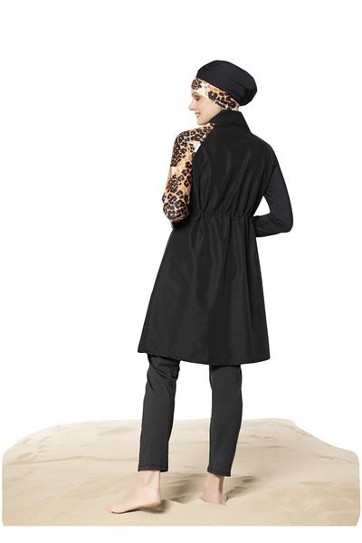 Ruko Maio Cross Leopard Print Stand Collar Parachute Micro Fabric Full Hijab Swimsuit