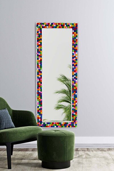 Resmo Doğal Ağaç 58x148 Cm Renkli Ponponlu Beyaz Çerçeve Salon Ofis Mutfak Duvar Konsol Boy Aynası