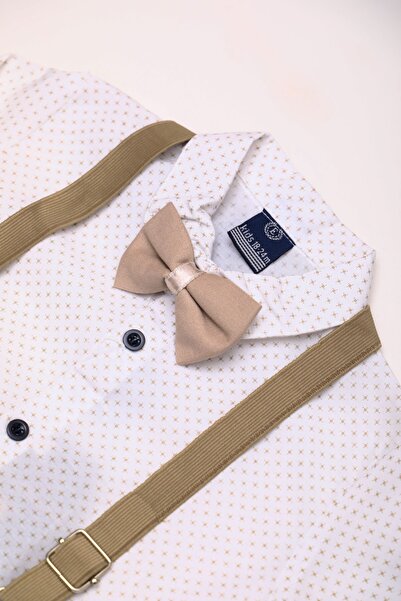 Mika Bebek & Çocuk Skinny Fit Beige Pants Shirt Bow Tie Baby Boy Salopet Set