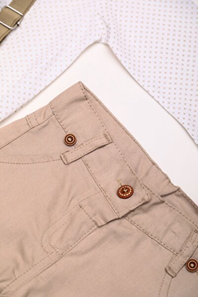 Mika Bebek & Çocuk Skinny Fit Beige Pants Shirt Bow Tie Baby Boy Salopet Set