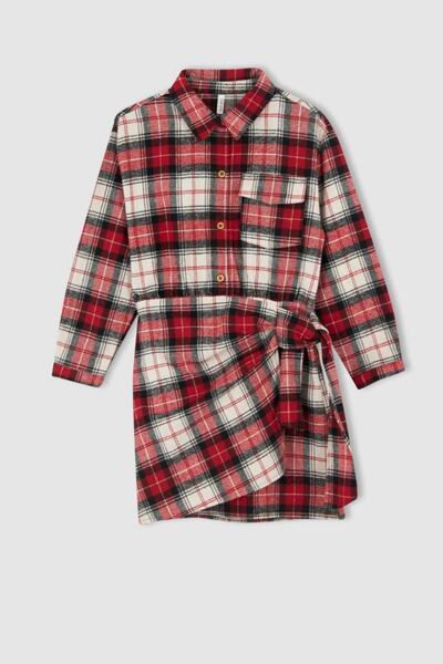 DeFacto Girl's Square Patterned Polo Neck Long Sleeve Flannel Shirt Dress