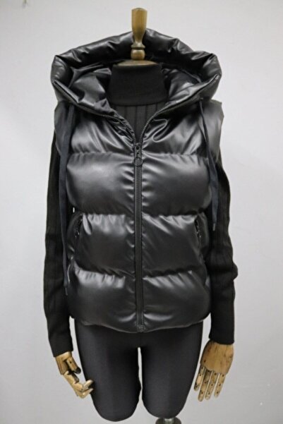 modaparis Жіночий чорний шкіряний пуховик з капюшоном