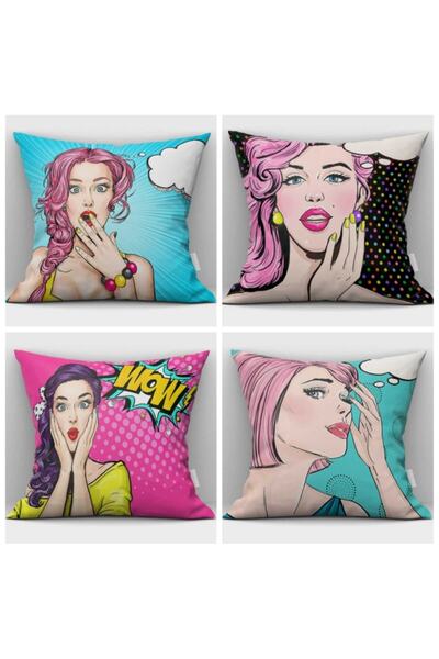Alkan Homes غطاء وسادة مطبوع على الوجهين للفتيات من فن البوب مكون من 4 قطع