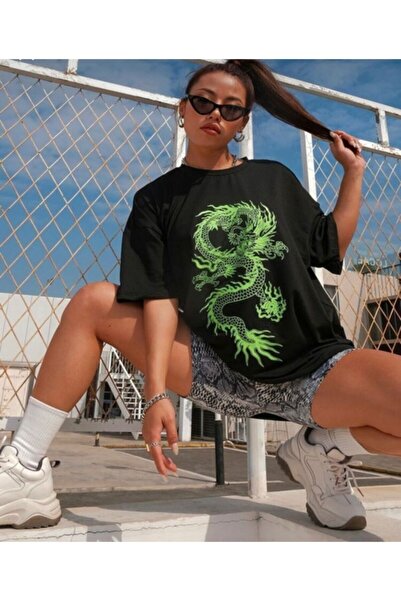 LOUİSA Tricou oversize unisex Black Green Dragon