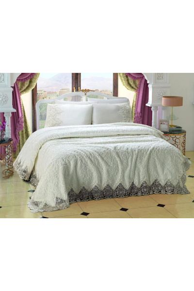 Ayhan Çeyiz Beige Venetian French Lace Blanket Set Bedspread