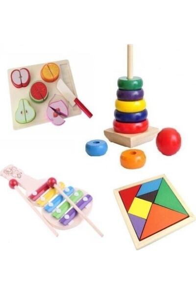 HAMAHA Wooden Toys Ahşap Eğitici Geliştirici Geçmeli Kule+meyve Kesme+tangram...