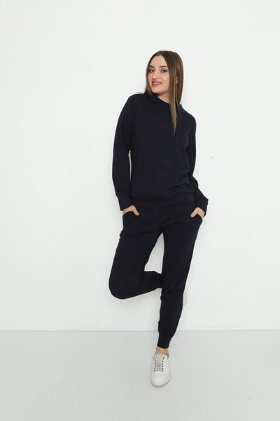MyBen Women's Crew Neck Cotton Long Sleeve Pajama Set Navy Blue 28243