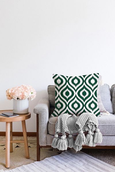 Realhomes Design special, verde închis, cu model Ikat, cu imprimeu digital, cu imprimeu digital Raschel, tricotat, husă de pernă.