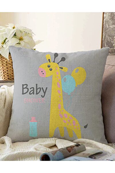 Realhomes Cameră pentru bebeluși cu design special, husă de pernă tricotată Raschel cu model de balon și girafă pe podea gri cu două fețe