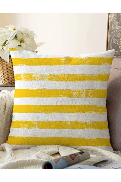 Realhomes Sarı Çizgili Motifli Çift Taraflı Dekoratif Modern Raşel Örme Yastı...