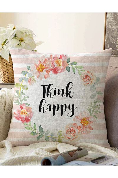 Realhomes Double Sided Flower Motif Think Happy Digital Printed Raschel Knitted Pillow Throw Pillow Cover