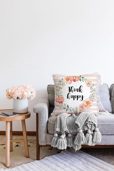 Realhomes Double Sided Flower Motif Think Happy Digital Printed Raschel Knitted Pillow Throw Pillow Cover