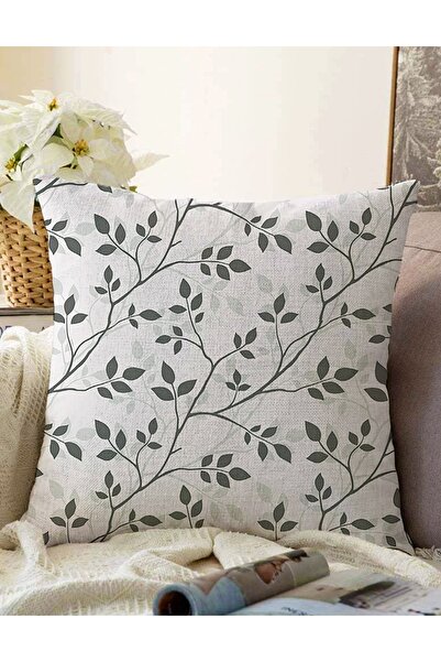 Realhomes Gri Zeminli Yaprak Desenli Çift Taraflı Dijital Baskılı Dekoratif R...
