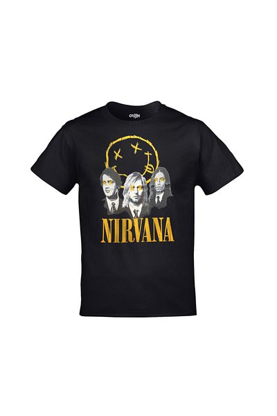 Orijin Tekstil Unisex Μαύρο μπλουζάκι Nirvana Group Smile Printed