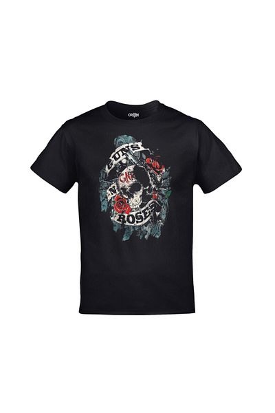 Orijin Tekstil Unisex Black Guns N Roses Skull Printed Tshirt