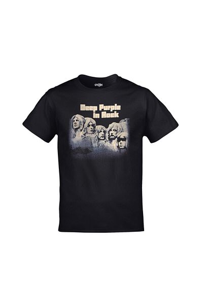 Orijin Tekstil Unisex Μαύρο βαθύ μωβ μπλουζάκι με στάμπα σε ροκ