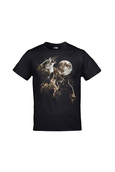 Orijin Tekstil Unisex Black Full Moon Howling Wolves Printed T-shirt