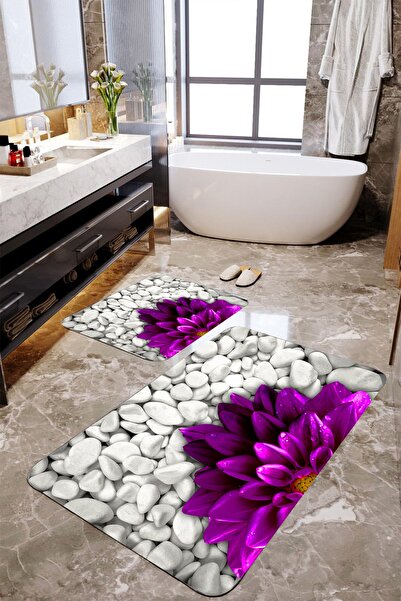 MEKTA HOME 3 Boyutlu Mor Çiçekli Paspas Takımı Mktbp-010 60x100/50x60