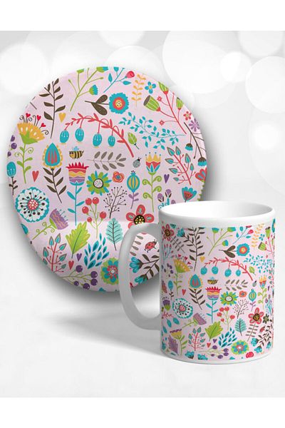 Onartem Oval Flowers Mouse Pad and Mug Set with Wrist Support