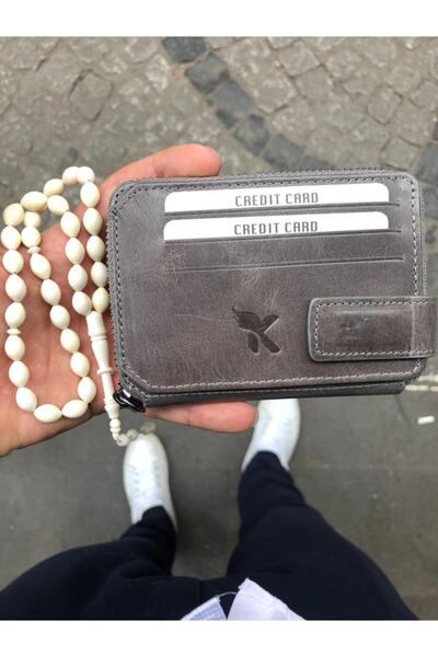 Karalı Deri Karali Deri Crazy Gri Mıklatıslı Fermuarlı Spor Kartlıklı Hakiki ...