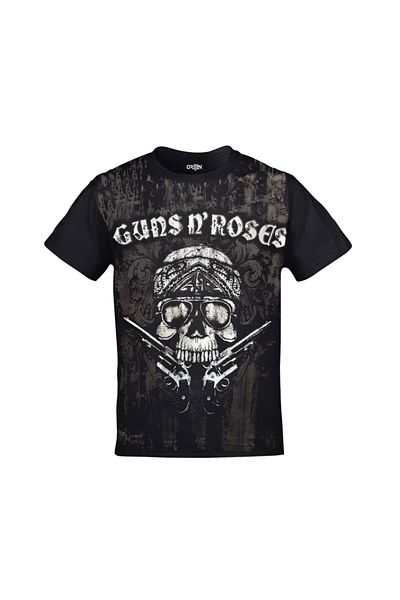 Orijin Tekstil Unisex Black Guns N' Roses Skull Front Back Printed T-shirt