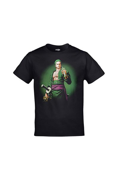 Orijin Tekstil Unisex Black One Piece Roronoa Zoro Printed Tshirt