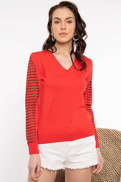 AQE FASHION Women's Red V-Neck Sleeve Lace Detailed Blouse