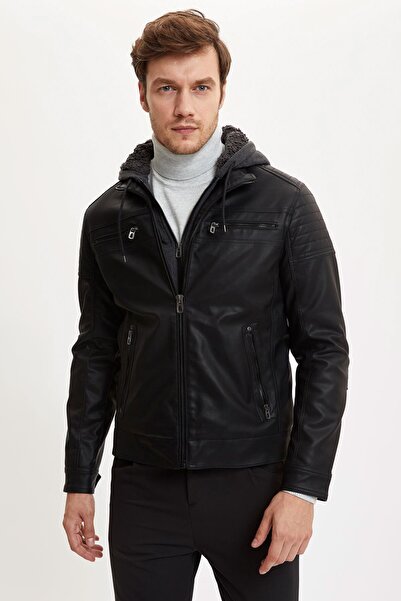 DeFacto Erkek Siyah Slim Fit Kapüşonlu İçi Yumuşak Tüylü Suni Deri Mont N9693AZ20WN