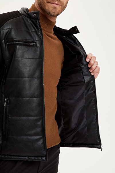 DeFacto Stand Collar Faux Leather Coat with Shoulder and Sleeve Detail