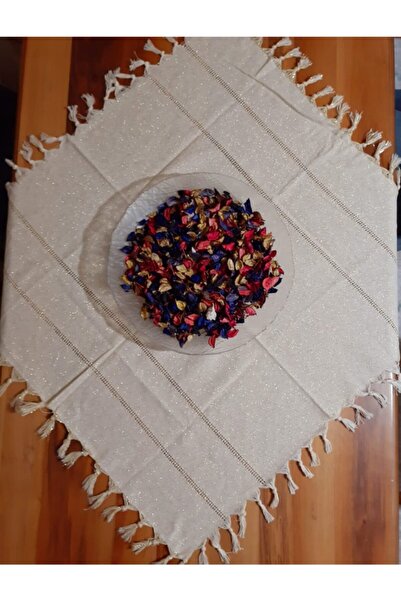 AKIN AKSESUAR HEDİYELİK Buldan Bezi Krem Rengi Masa Örtüsü Sarı Simli Püsküll...