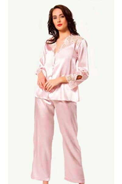 Yorkshire Polo Club Kadın Pudra Dantel Detaylı Saten Gecelik Sabahlık Çeyiz S...