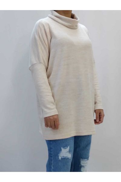 Mertcan Butik Bat Sleeve Degaje Collar Cream Tunic
