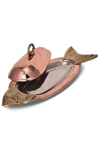 TURNA BAKIR Hazara Orkinos Fish Presentation Plate with Lid 51 cm Copper Hand Hammered Copper Red