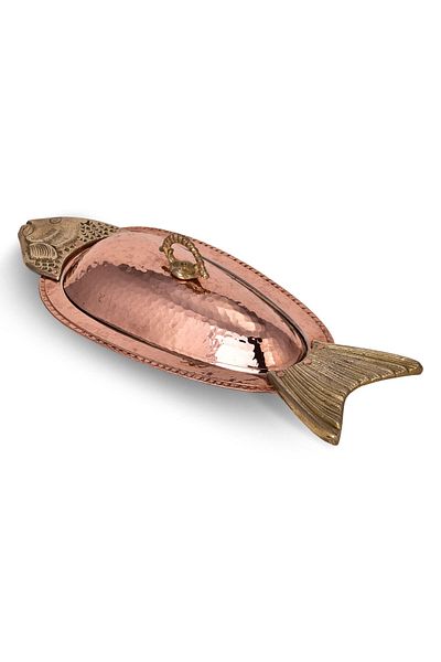 TURNA BAKIR Hazara Orkinos Fish Presentation Plate with Lid 51 cm Copper Hand Hammered Copper Red