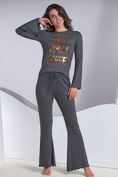 Sevim Set pijama cu imprimeu gri pentru damă 