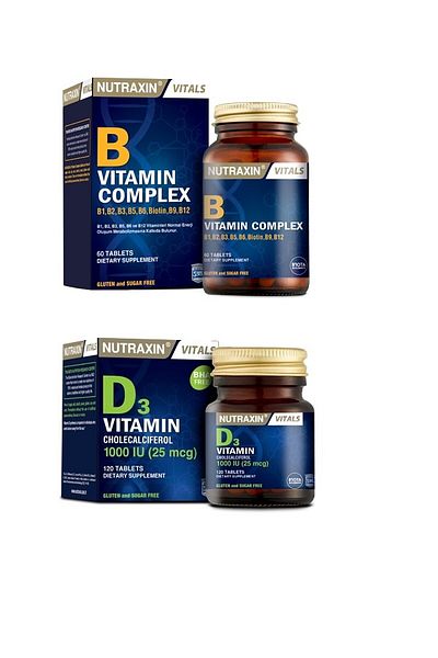 Nutraxin Vitamin B 60 Tablets + Vitamin D3 120 Tablets - Containing B1 B2 B3 B5 B6 Biotin B9 B12