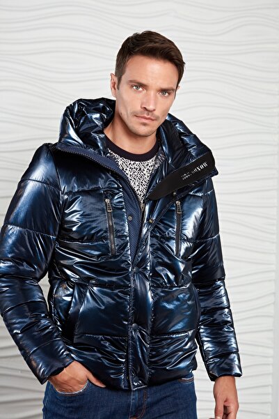 Mondo Erkek Lacivert Kapüşonlu Parlak Şişme Mont