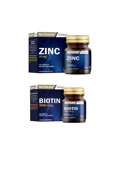 Nutraxin 100 Tablets - 15 Mg Zinc Mineral Food Supplement + Biotin 5000 Mcg 30 Tablets